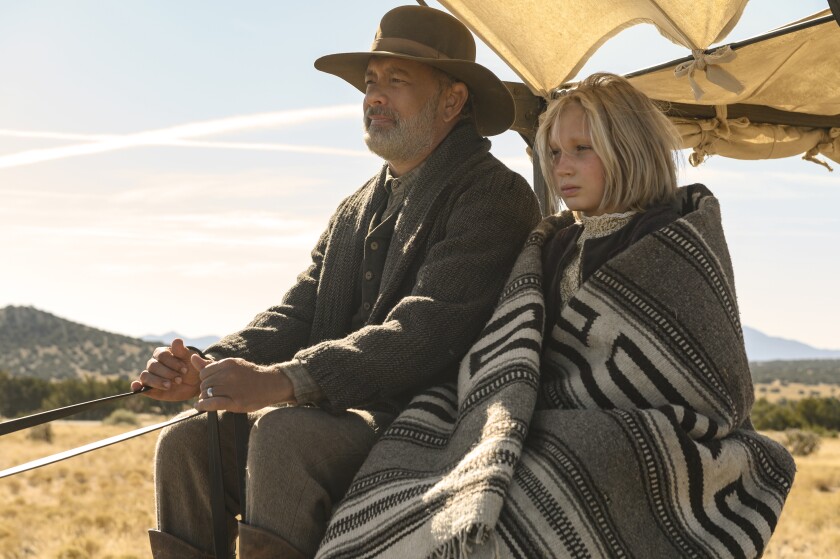 Tom Hanks and Helena Zengel appear in a scene from the movie 'News of the World.'