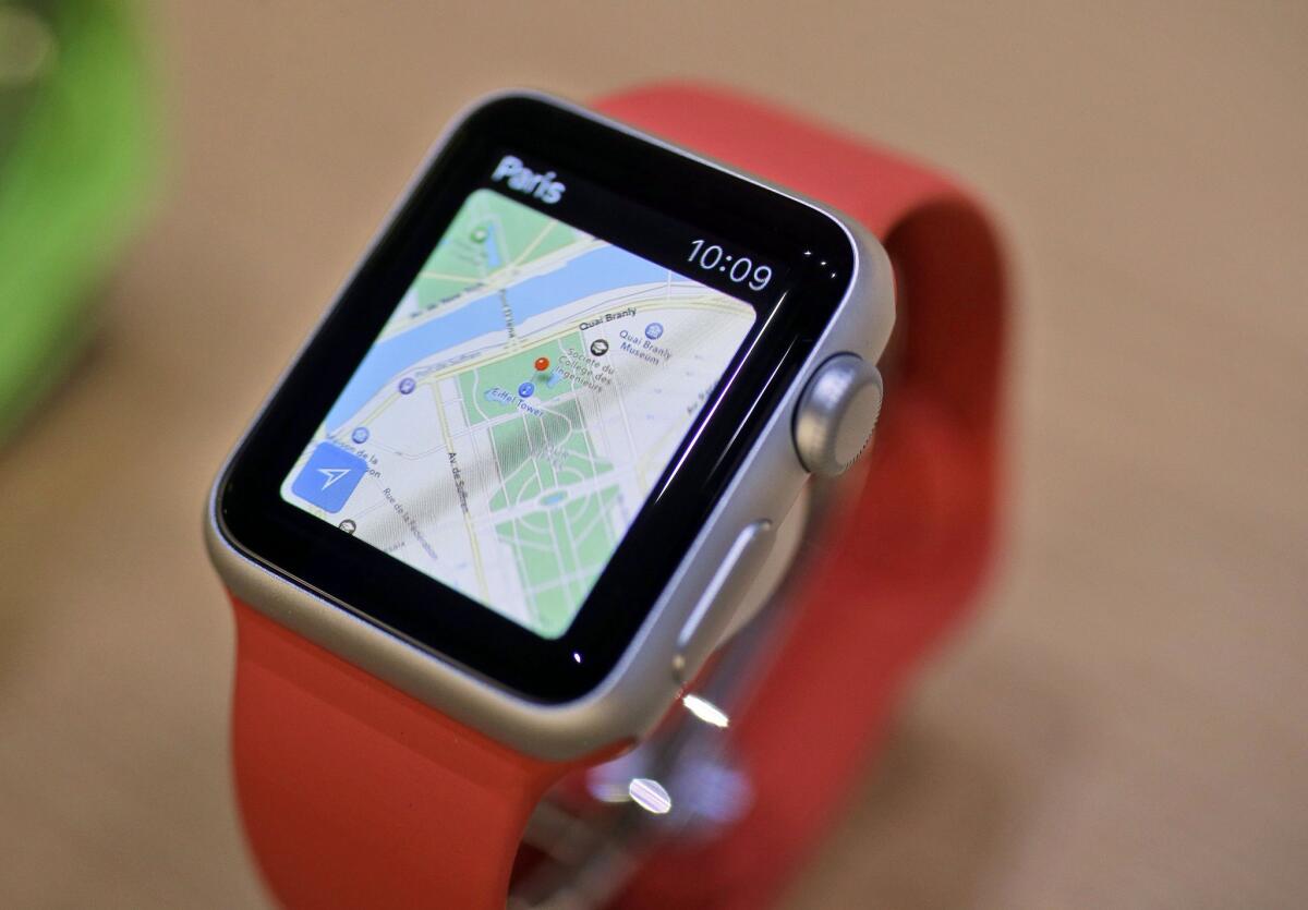The Apple Maps app is displayed on an Apple Watch during an event in San Francisco in March.
