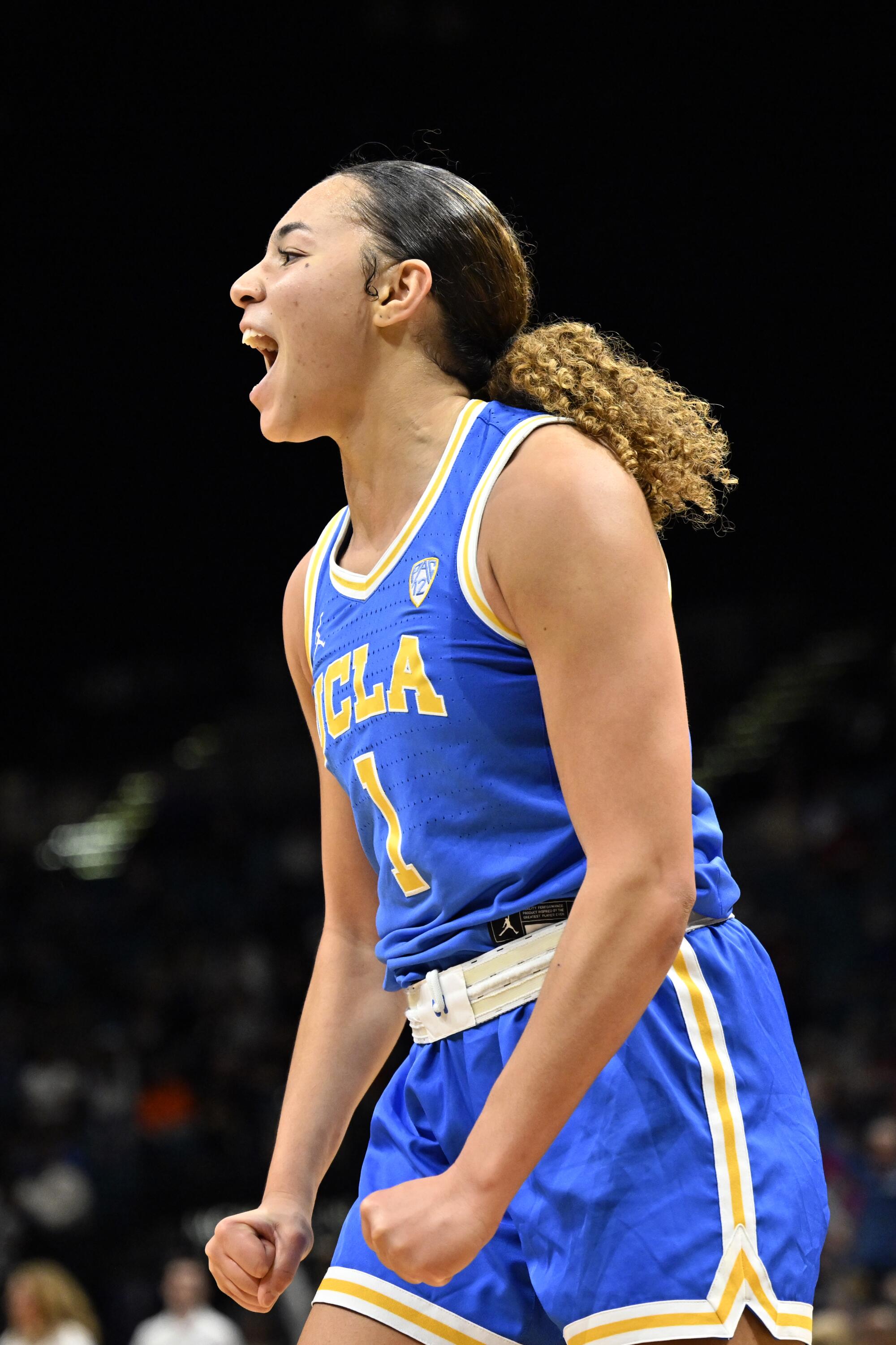 UCLA guard Kiki Rice is fired up during a game against USC in the women's Pac-12 tournament on March 8.