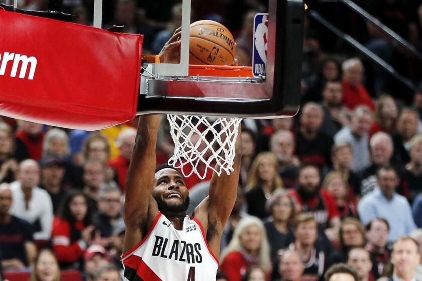 PORTLAND, OREGON - MAY 18: Maurice Harkless #4 of the Portland Trail Blazers dunks the ball during the first half against the Golden State Warriors in game three of the NBA Western Conference Finals at Moda Center on May 18, 2019 in Portland, Oregon. NOTE TO USER: User expressly acknowledges and agrees that, by downloading and or using this photograph, User is consenting to the terms and conditions of the Getty Images License Agreement. (Photo by Jonathan Ferrey/Getty Images) ** OUTS - ELSENT, FPG, CM - OUTS * NM, PH, VA if sourced by CT, LA or MoD **