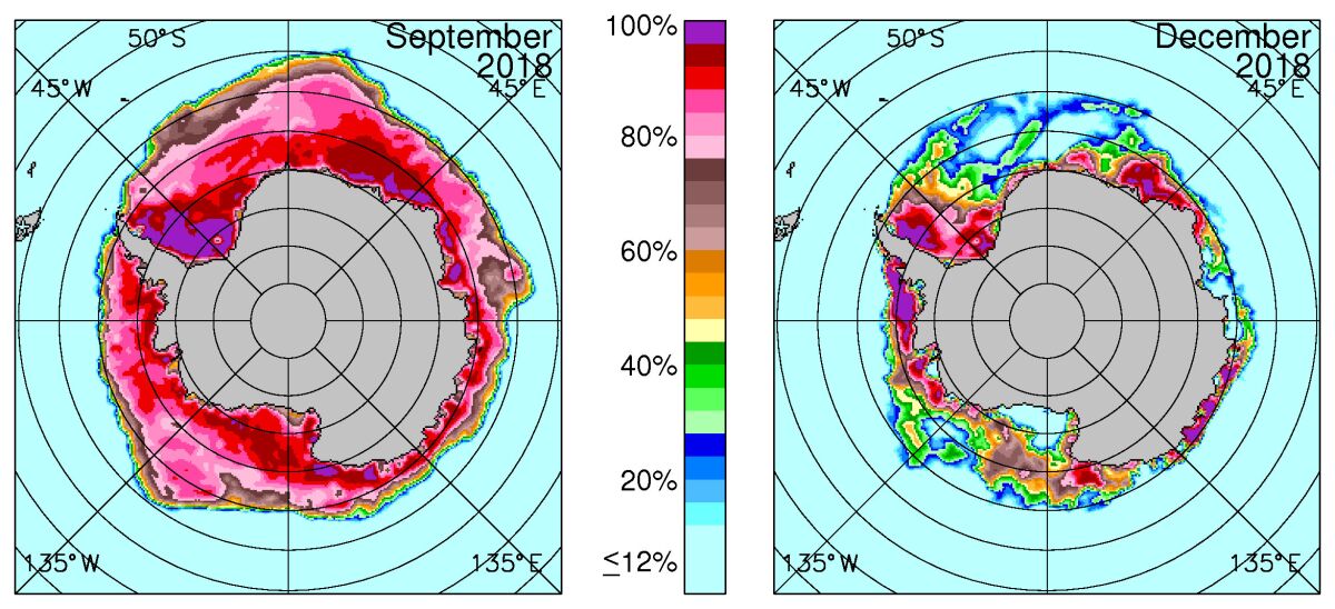 Antarctic sea ice concentrations in September 2018, at the annual maximum monthly ice extent, left, and December 2018, well into the decay season, right.