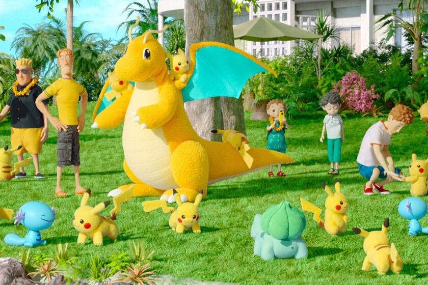 Pokémon, children and parents assembled on a tropical resort lawn.