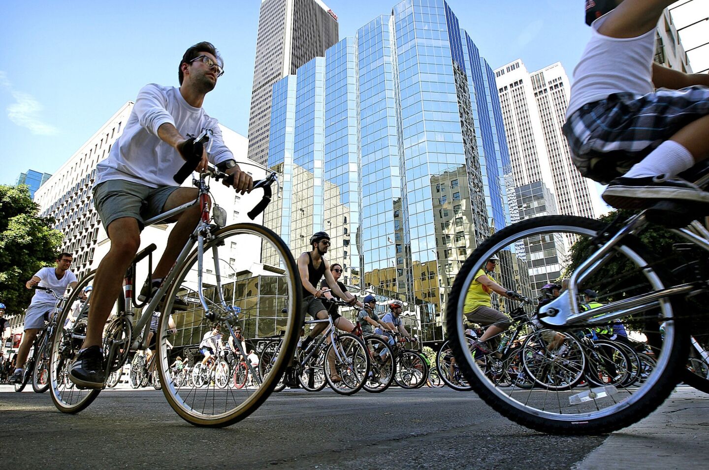 Bike riders take advantage of downtown's carless streets.