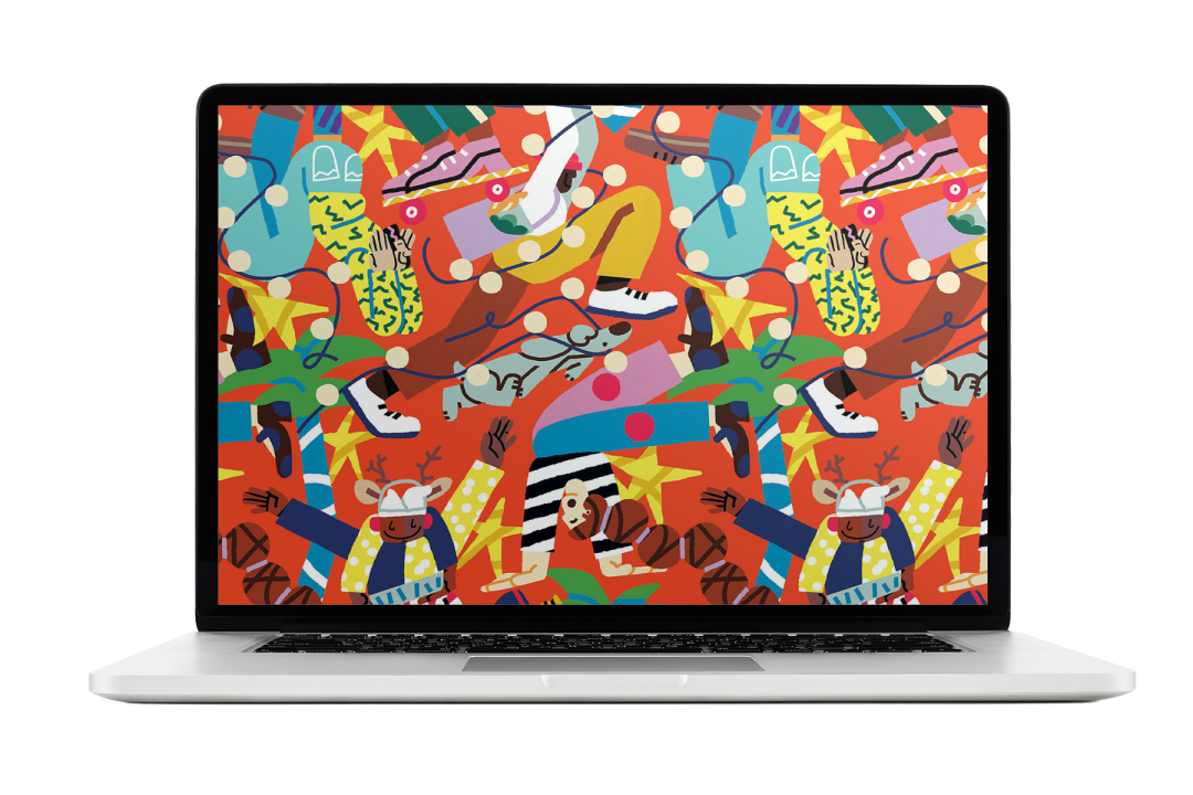 Colorful figures and Christmas decor in an illustration by Sebastian Curi.