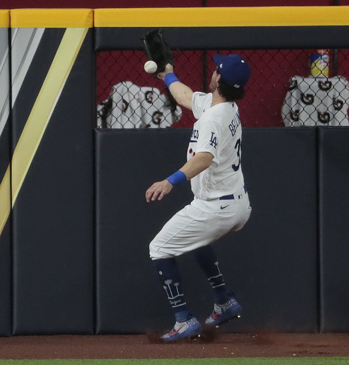 Dodgers center fielder Cody Bellinger can't make a catch on a double by Tampa Bay Rays third baseman Joey Wendle.