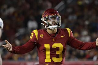 LOS ANGELES, CA - AUGUST 26: USC quarterback Caleb Williams waits for play to start during the fourth quarter against San Jose State during the season opener at the Los Angeles Memorial Coliseum in Los Angeles, CA on Saturday, Aug. 26, 2023. (Myung J. Chun / Los Angeles Times)