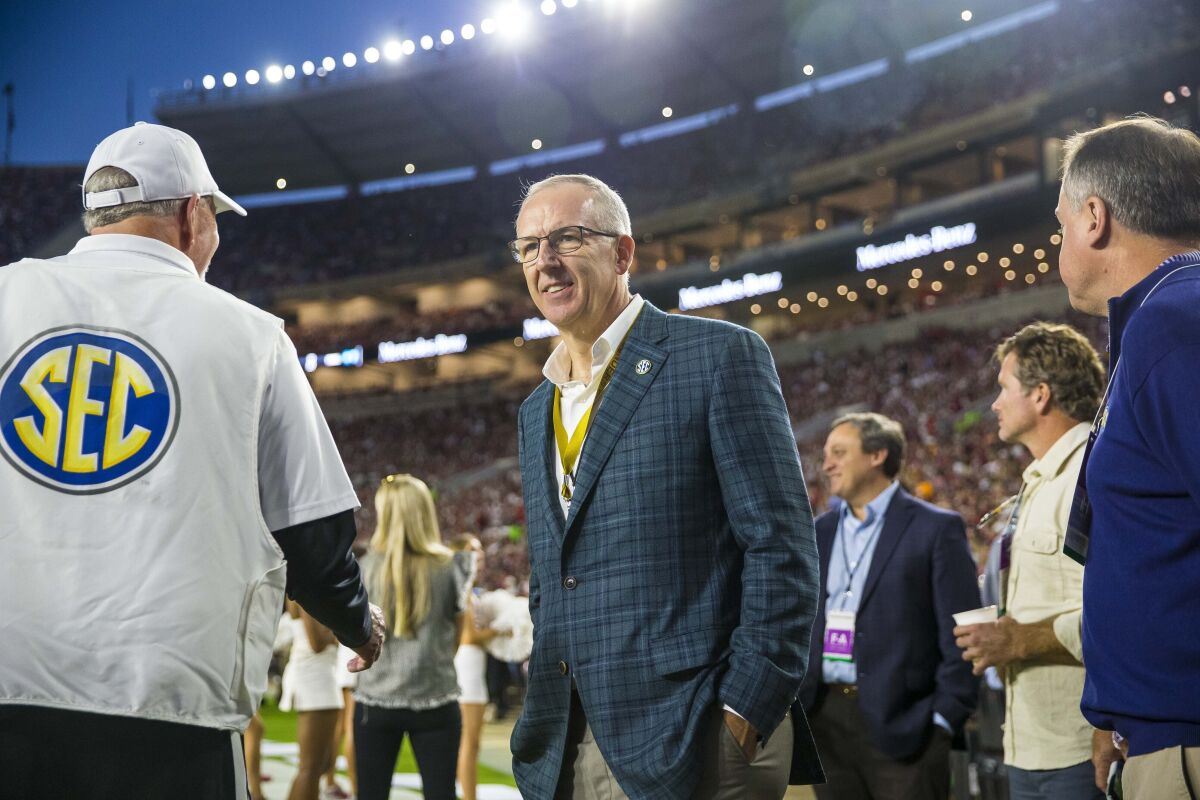 Southeastern Conference Commissioner Greg Sankey watches the first half of a game between Tennessee and Alabama.