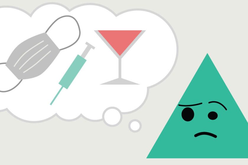 Green triangle with pensive expression and a thought bubble that shows a mask, the vaccine and a drink