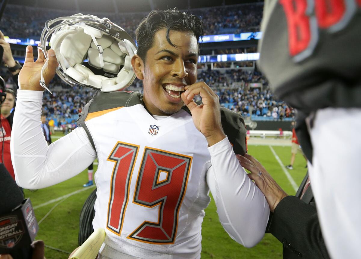 Buccaneers kicker Roberto Aguayo (19) celebrates after his game-winning field goal against the Carolina Panthers to win 17-14 at Bank of America Stadium on Oct. 10.