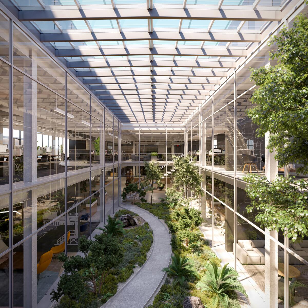 Rendering shows a walkway through plants and trees in a sunny atrium area of an office building