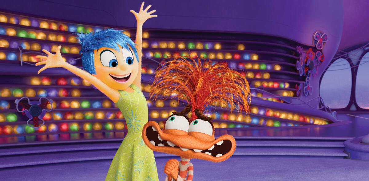 Animated characters Joy and Anxiety in "Inside Out 2."