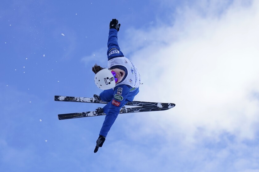 Ashley Caldwell practices before during a World Cup freestyle aerials competition in Deer Valley, Utah, on Feb. 6, 2021.