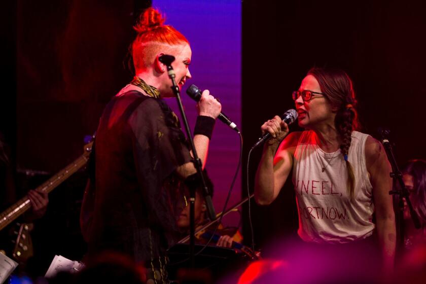 LOS ANGELES, CA - FEBRUARY 03: Garbage front-woman Shirley Manson and singer Fiona Apple performs with the Girlschool Choir at the Bootleg Theater during Girlschool LA on February 03, 2018 in Los Angeles, California. (Kent Nishimura / Los Angeles Times)