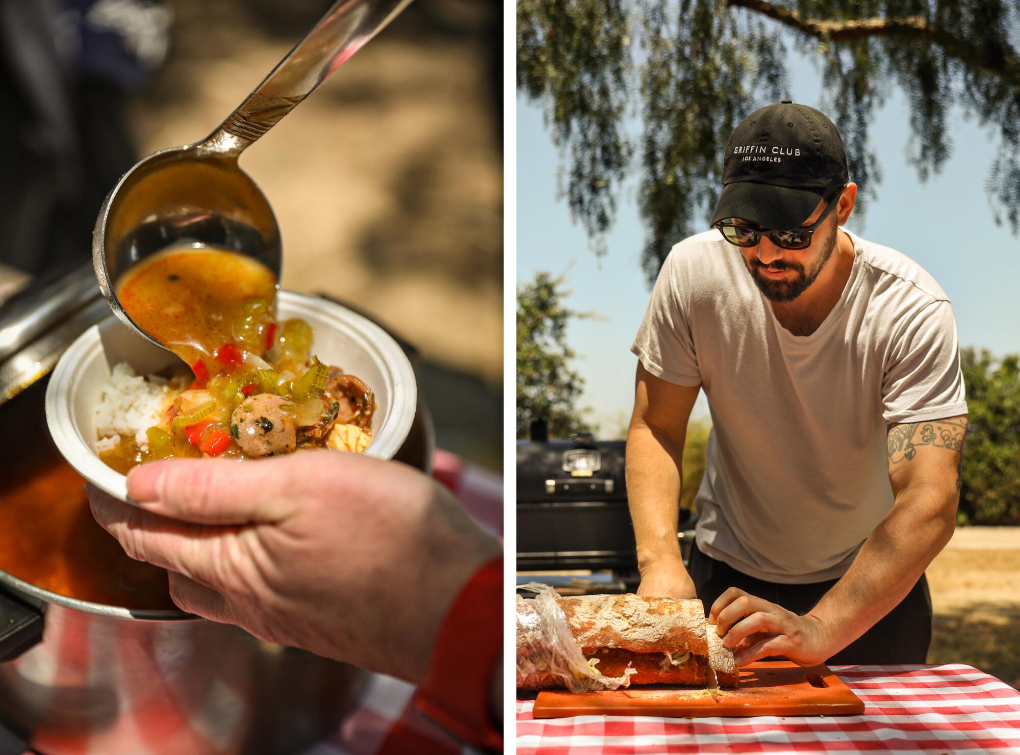 A detail of gumbo in a bowl, left, and a man cutting a sub sandwich, right.