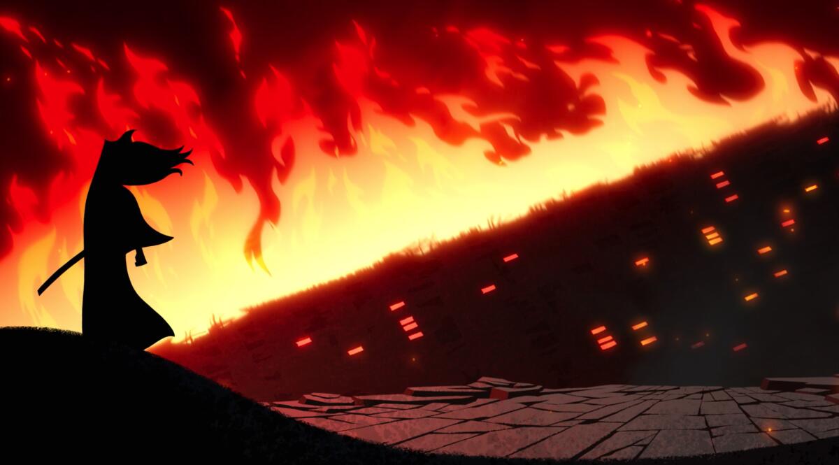 An animated figure stands on a hill with high flames in the background.