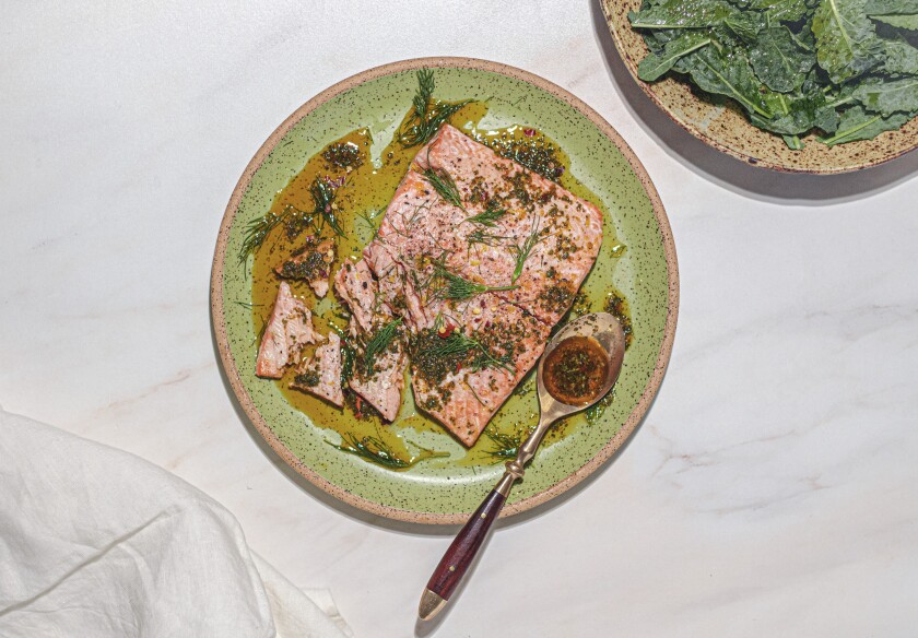 Roasted Salmon with Chermoula and Kale Salad. Recipe, styling and photography by Danielle Campbell.