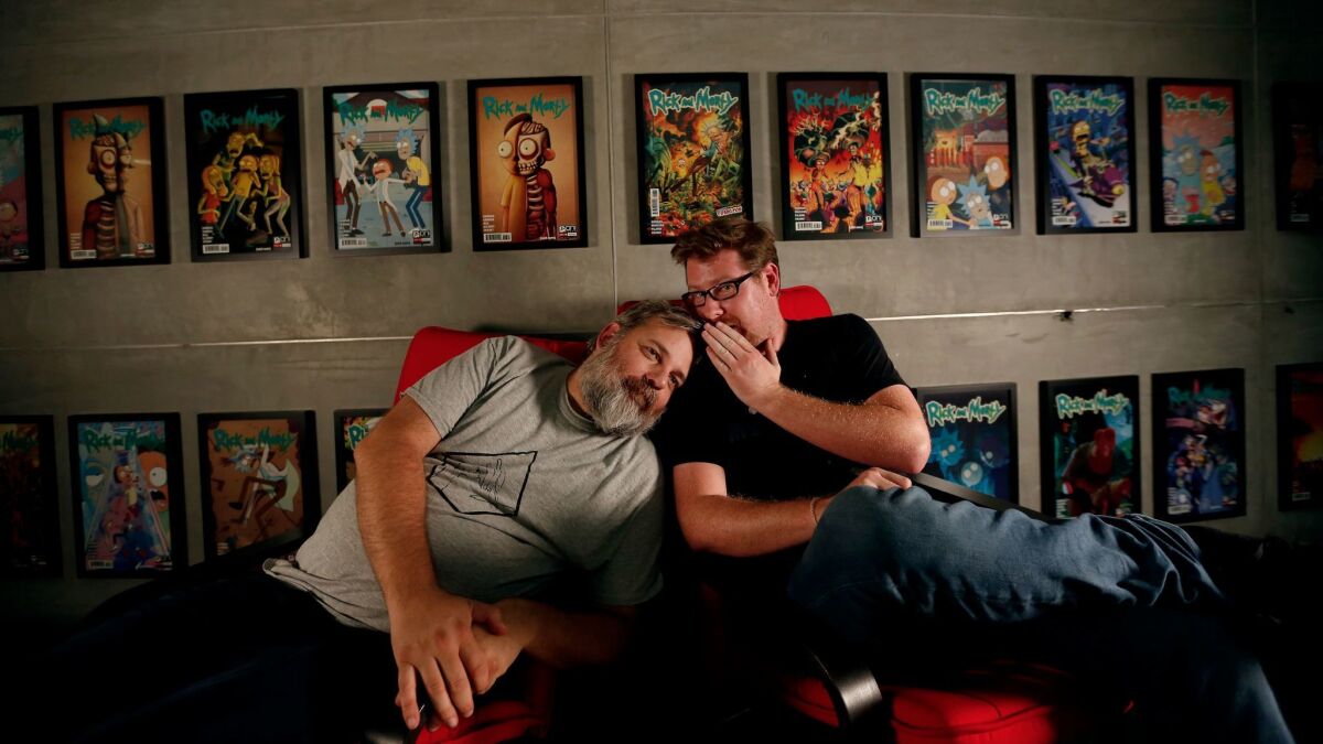 Dan Harmon, left, and Justin Roiland, right, creators of the cult TV series "Rick and Morty," at their office in Burbank.