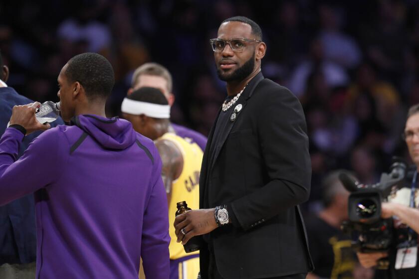 LOS ANGELES, CALIF. -- TUESDAY, APRIL 9, 2019: Los Angeles Lakers forward LeBron James (23) in the first half at the Staples Center in Los Angeles, Calif., on April 9, 2019. (Gary Coronado / Los Angeles Times)