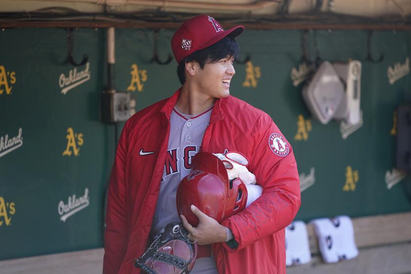 Los Angeles Angels' Shohei Ohtani before a baseball game against the Oakland Athletics in Oakland, Calif., Monday, July 19, 2021. (AP Photo/Jeff Chiu)