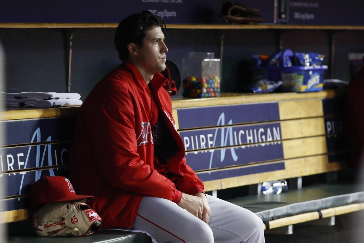 Angels pitcher Tyler Skaggs watches from the bench during a game in May 2019.