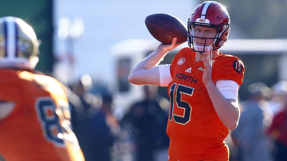 North Carolina State quarterback Ryan Finley throws a pass during the second half of the Senior Bowl on Jan. 26 in Mobile, Ala.