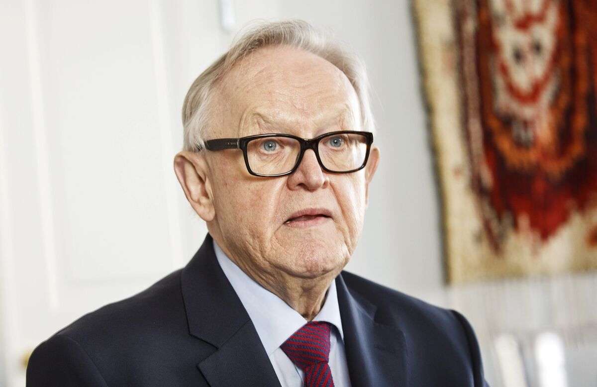 FILE - In this file photo dated Feb. 16, 2016, former President of Finland Martti Ahtisaari at luncheon for political journalists in Helsinki, Finland. Former Finnish President and Nobel Peace Prize winner Martti Ahtisaari is suffering from Alzheimer’s disease and has withdrawn from all public activities. The office of the Finnish President Sauli Niinisto said Thursday, Sept. 2, 2021 that the 84-year-old Ahtisaari “is receiving support for everyday life at home and occasionally spends periods of treatment in a care facility” due to the advanced state of the disease. (Roni Rekomaa/Lehtikuvaa via AP, File)