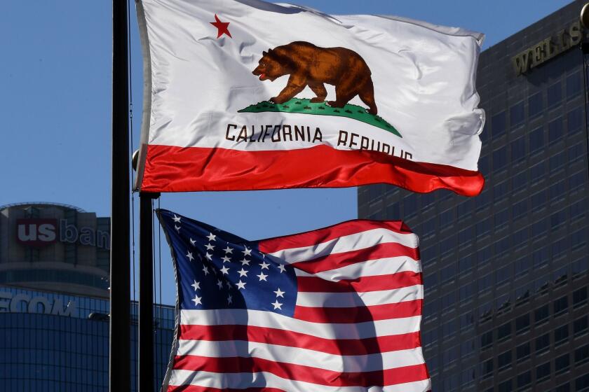 A campaign for California to secede from the U.S. is gaining support after Donald Trump's election as president. Above, the California and U.S. flags fly in downtown Los Angeles.