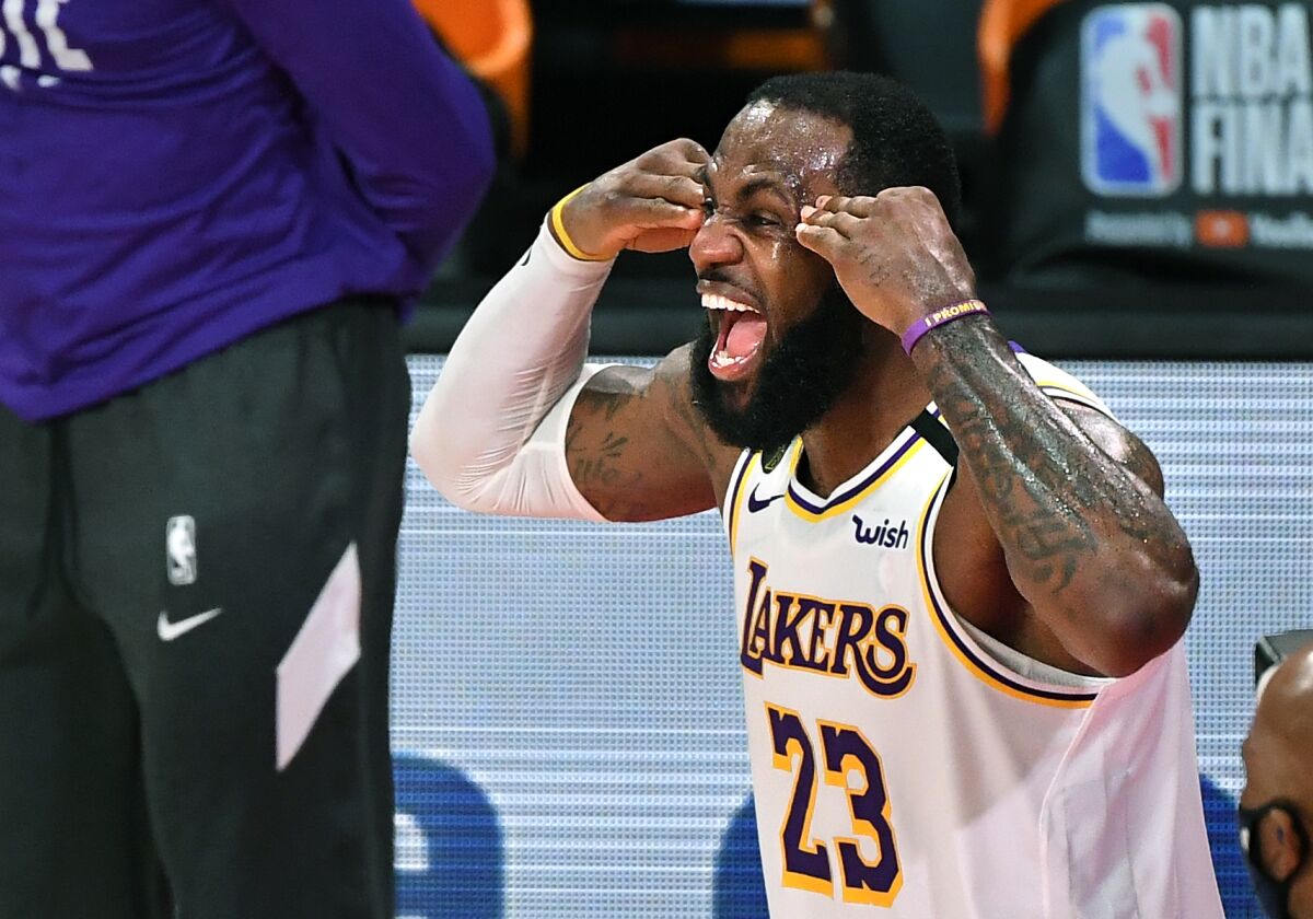 LeBron James celebrates the Lakers' 2020 NBA championship in Orlando, Fla.
