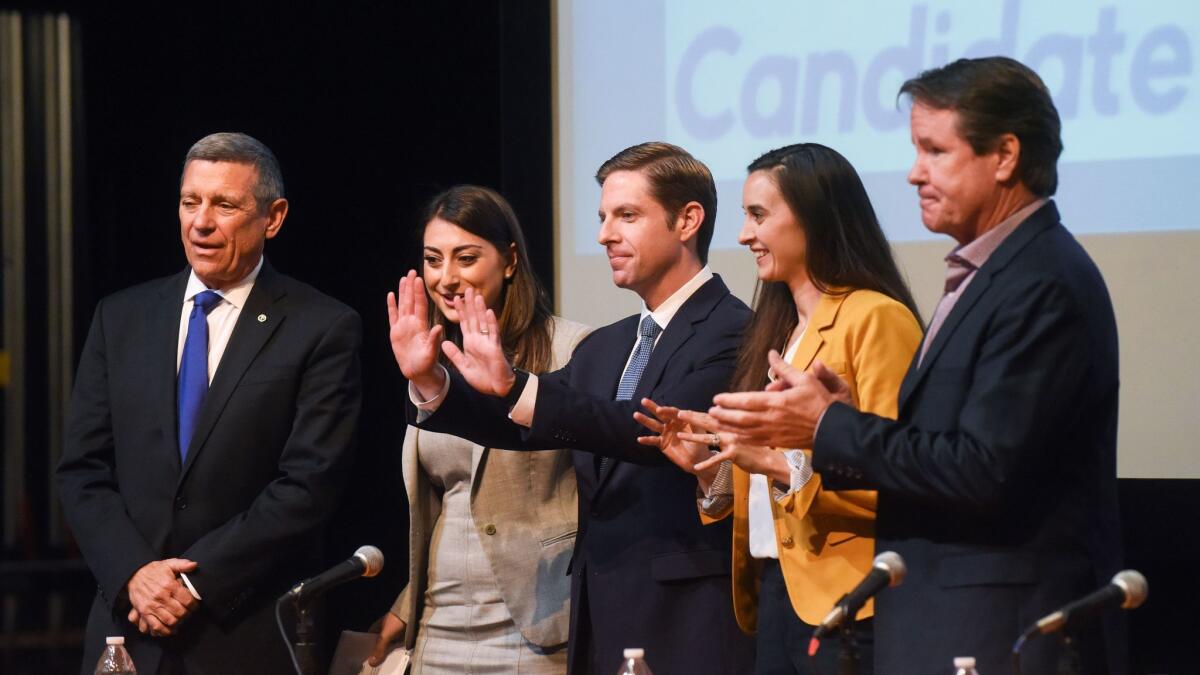 Five Democrats hoping to replace Rep. Darrell Issa, from left: Doug Applegate, Sara Jacobs, Mike Levin, Christina Prejean and Paul Kerr.