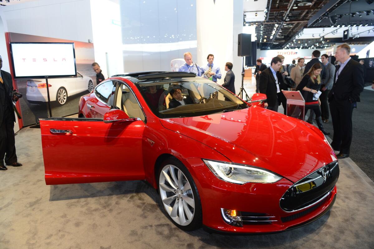 The Tesla Model S on display at the 2013 Detroit Auto Show.