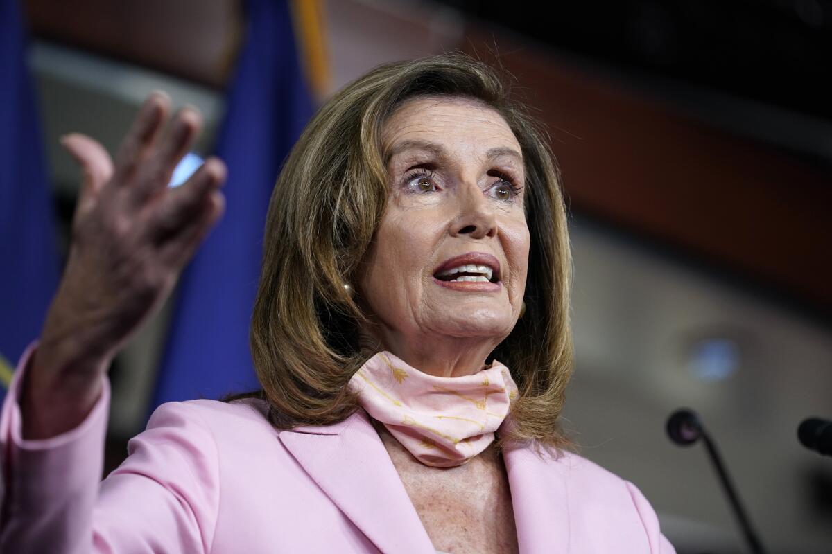 House Speaker Nancy Pelosi speaks at a news conference on the Saturday session called to halt U.S. Postal Service changes. 