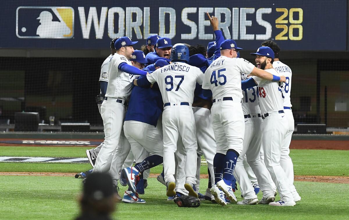 The Dodgers celebrate their World Series title after defeating the Tampa Bay Rays on Tuesday.