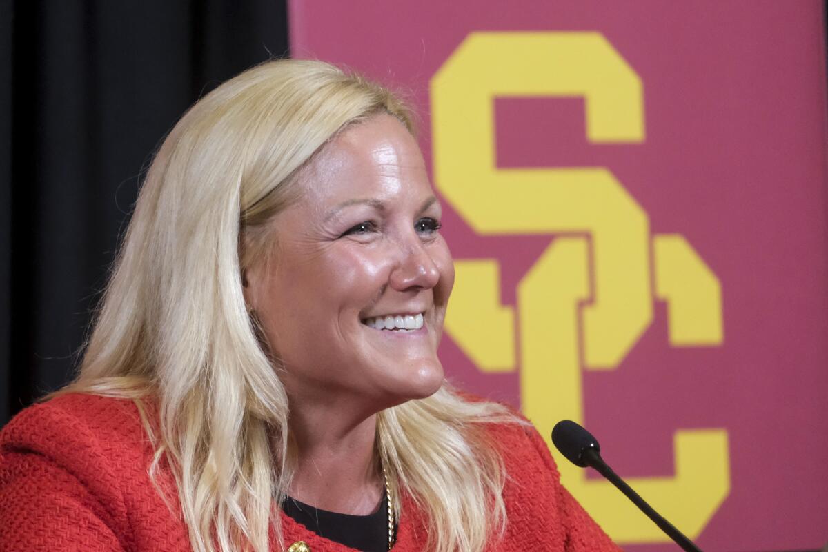 USC athletic director Jennifer Cohen speaks during her introductory news conference Monday.