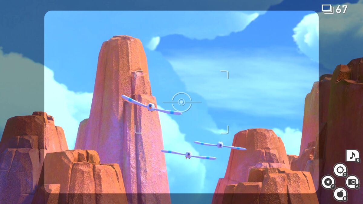 In "New Pokémon Snap," airplane-like beings soar through a Monument Valley-like rocky landscape.