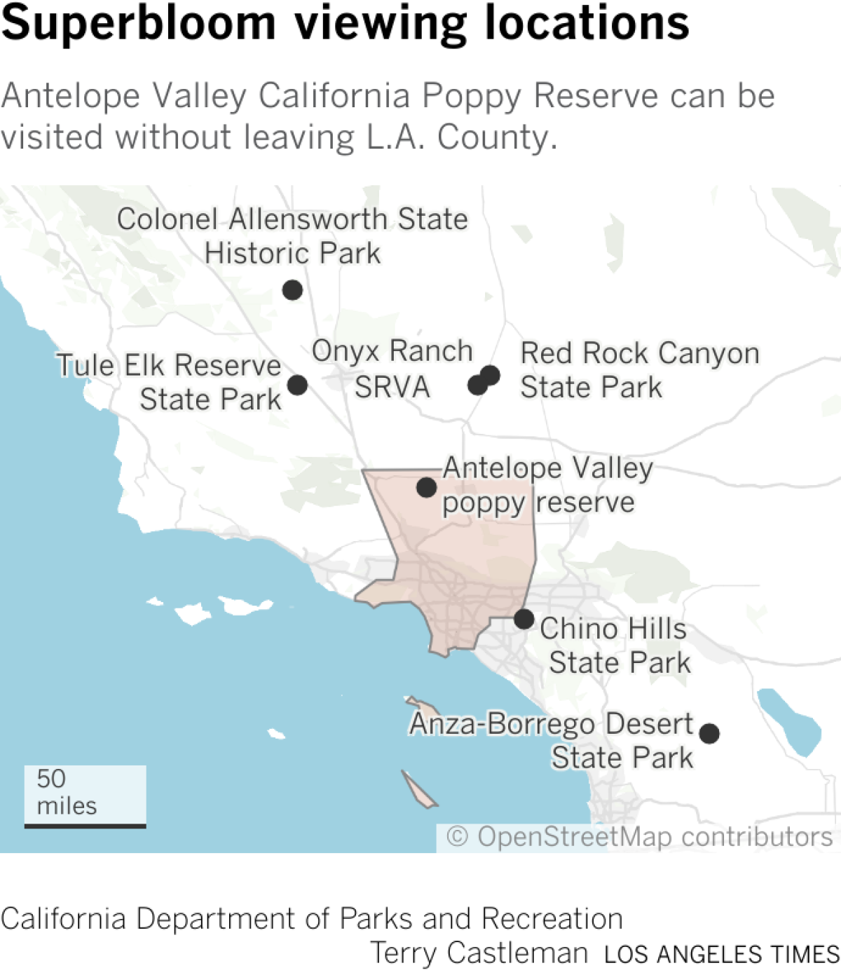 A map showing 7 superbloom viewing locations. They are Colonel Allensworth State Historic Park, Tule Elk Reserve State Park, Onyx Ranch State Vehicular Recreation Area, Red Rock Canyon State Park, Antelope Valley Preserve, Chino Hills State Park, and Anza-Borrego Desert State Park. 