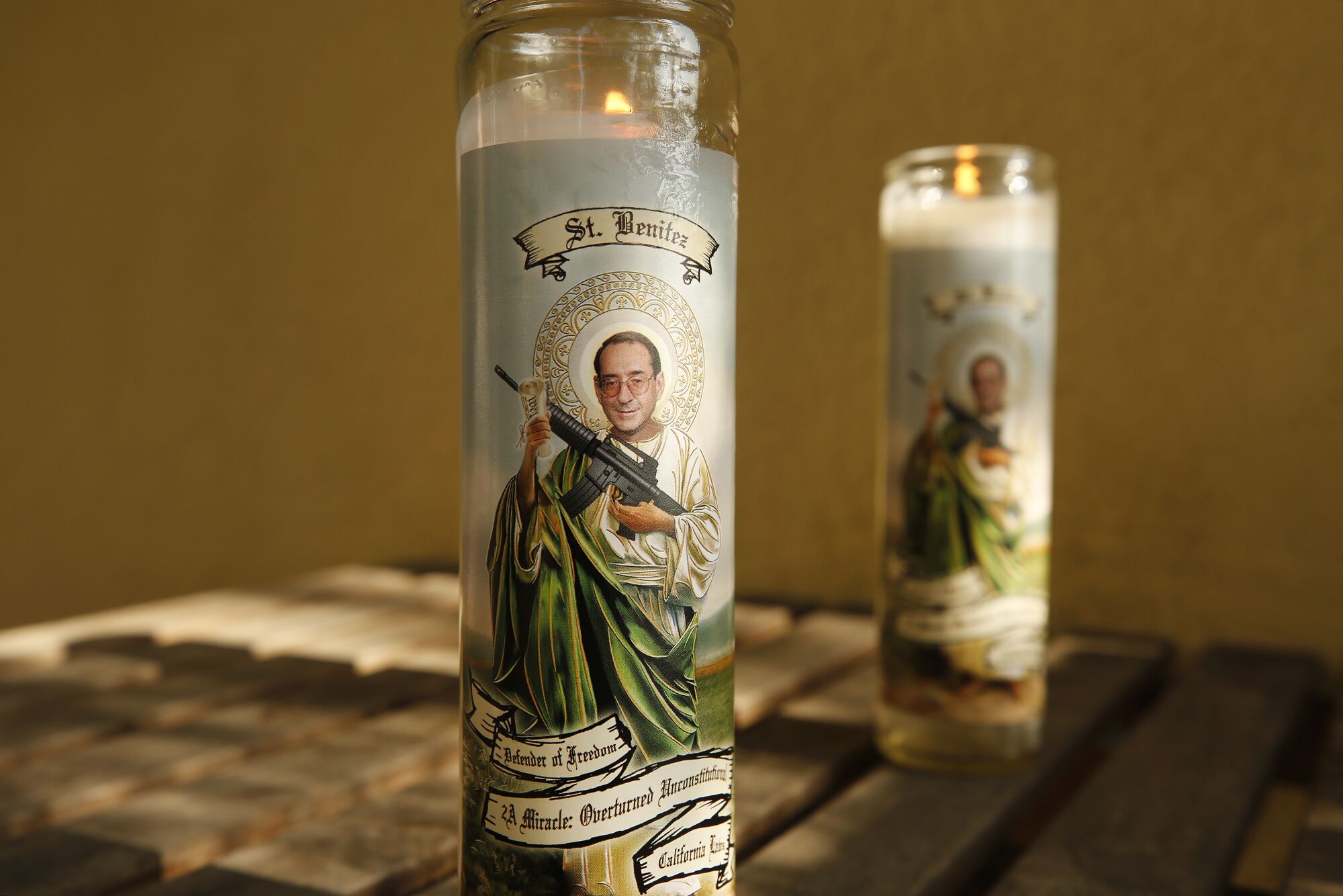 Prayer candles available online contain an image of federal judge Roger Benitez.
