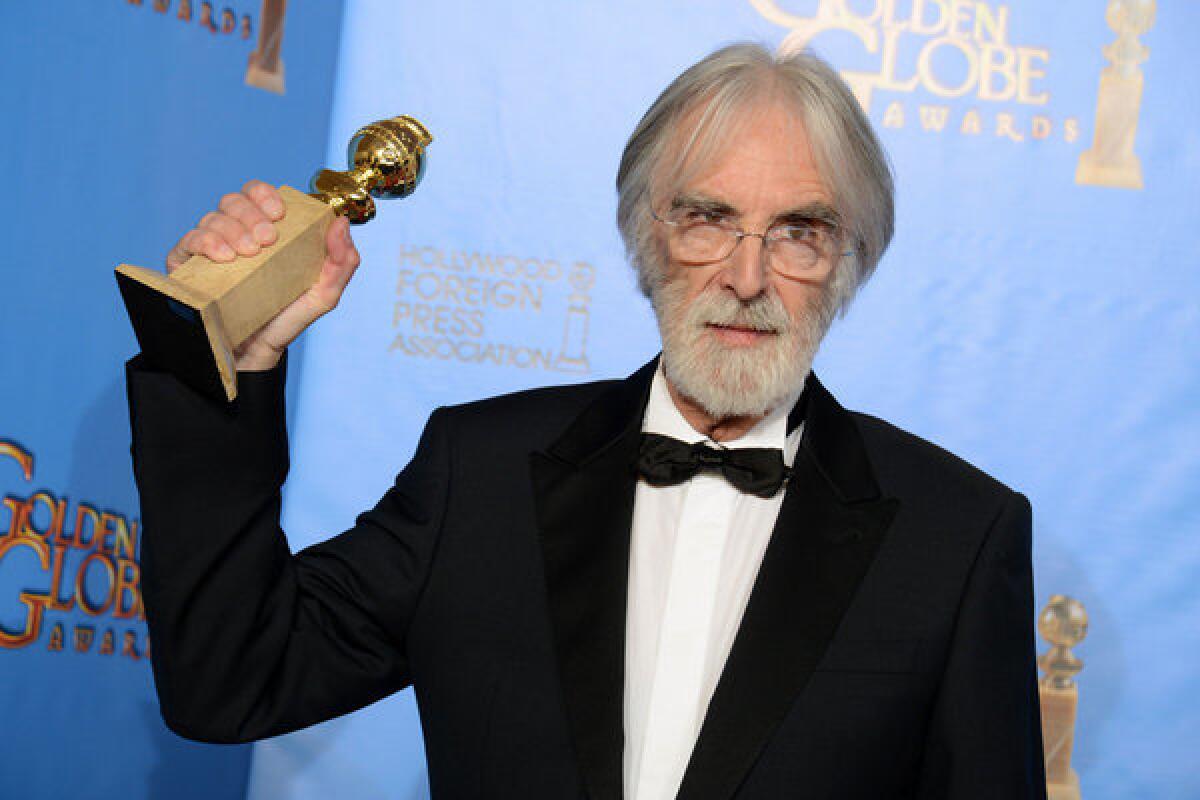Director Michael Haneke backstage with his Golden Globe for best foreign-language film for "Amour."