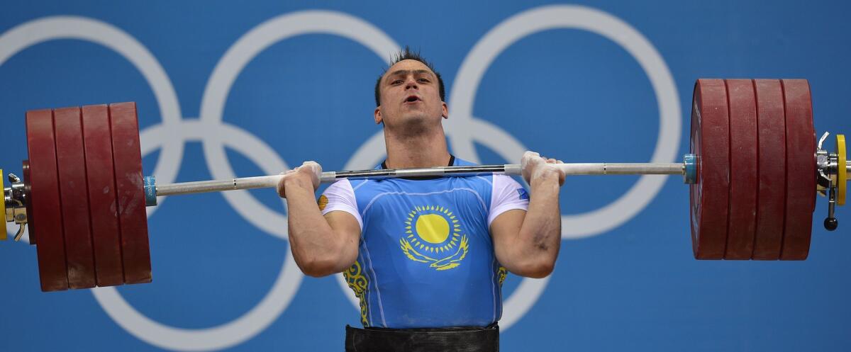 Kazakhstan's Ilya Ilyin competes during the London 2012 Olympic Games.