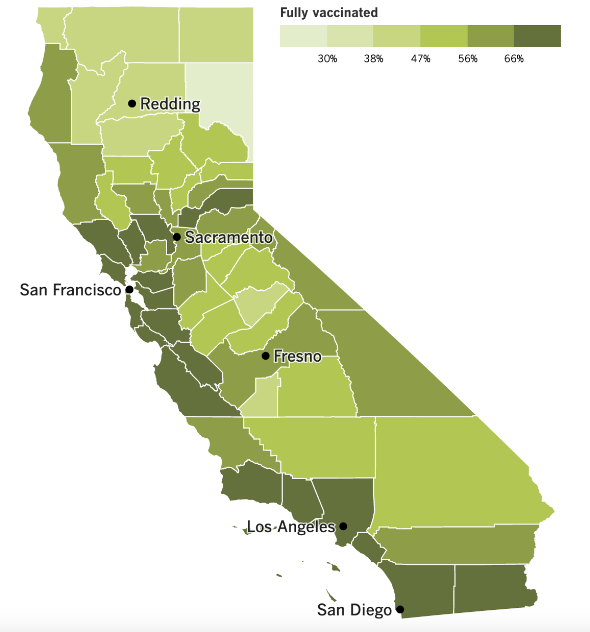A map that shows California's vaccination progress by county as of Jan. 11.