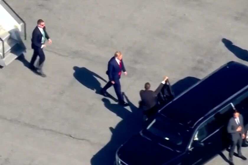 NEW YORK CITY, NY - The former president flew from Florida aboard his private plane to New York before his historic booking and arraignment on hush money charges. (WABC-TV/ASSOCIATED PRESS)