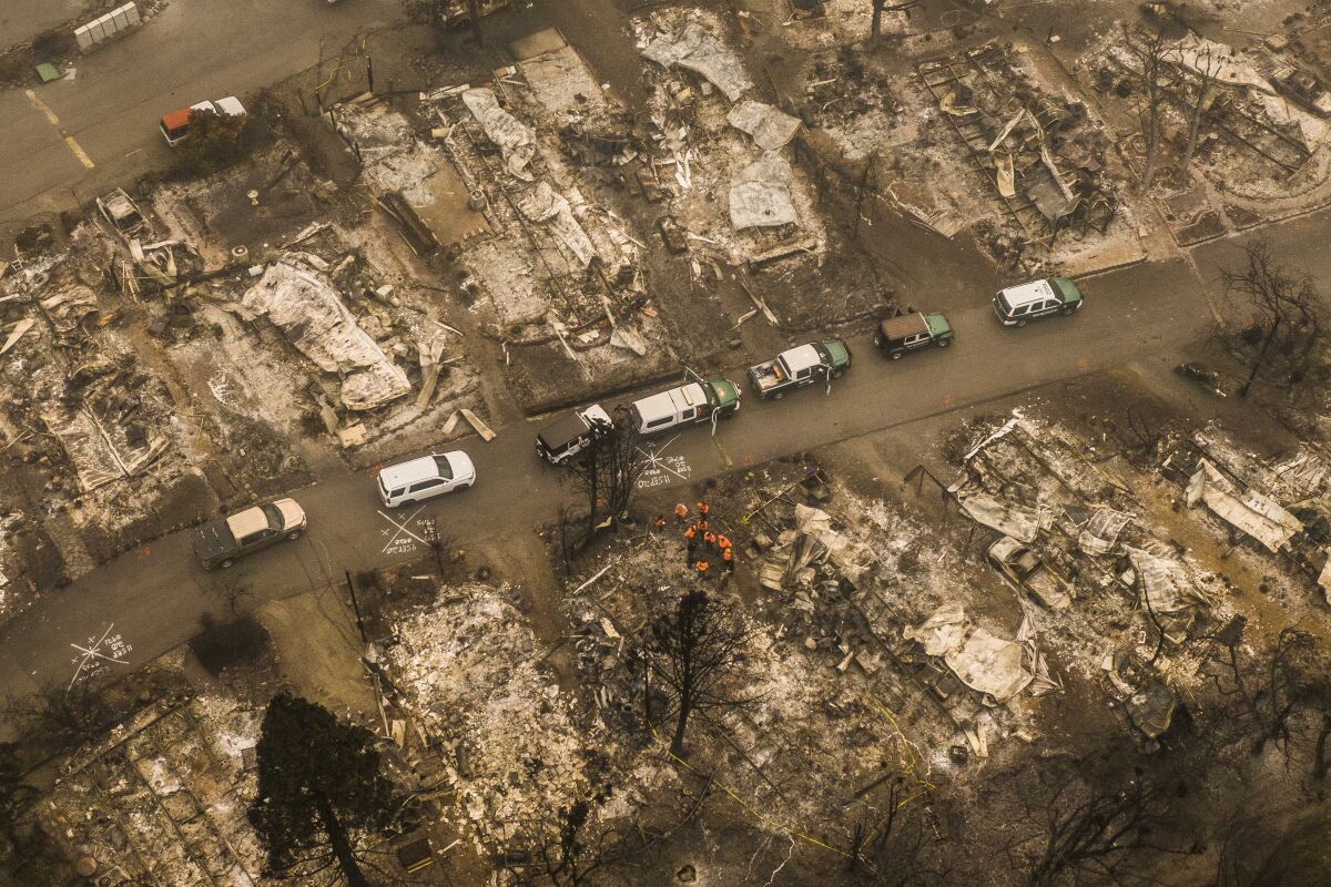 An aerial view of a mobile home park in Ashland, Ore., that been scorched by wildfire.