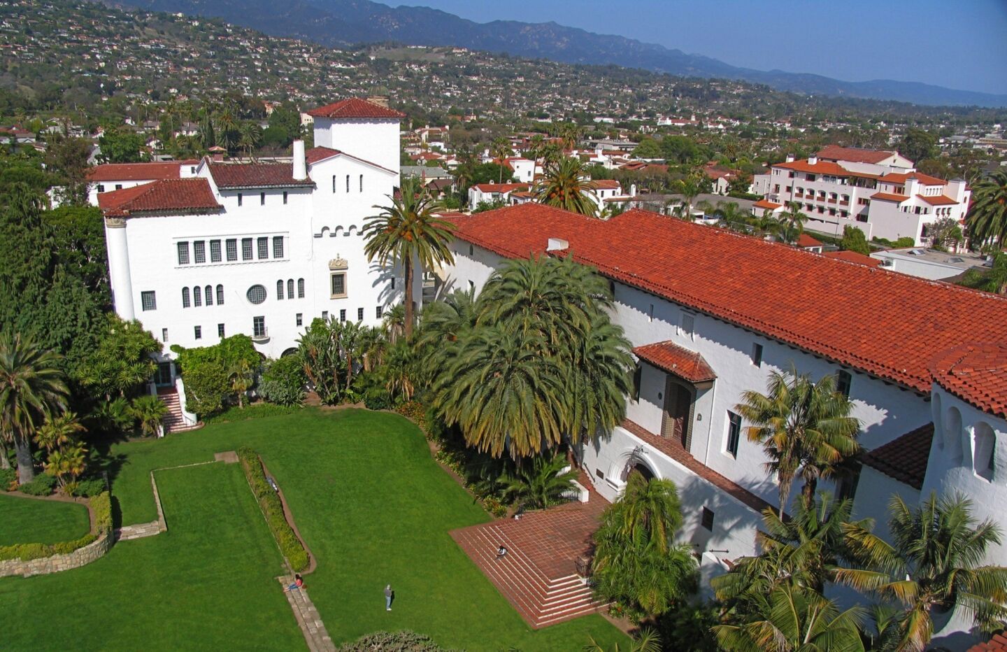 Santa Barbara's landmark county courthouse has a clock tower that visitors can climb for views of the coast and town.