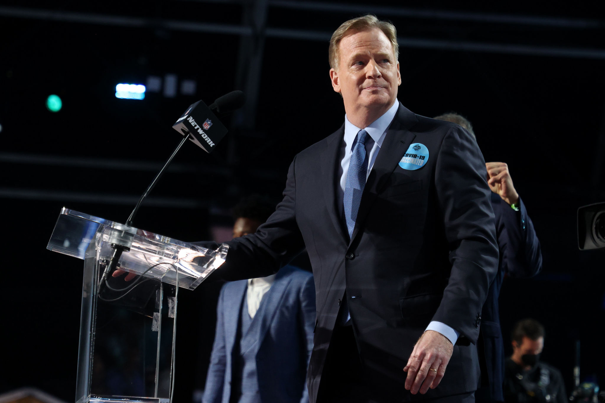 NFL Commissioner Roger Goodell prepares to announce a selection at the 2021 NFL draft in Cleveland.