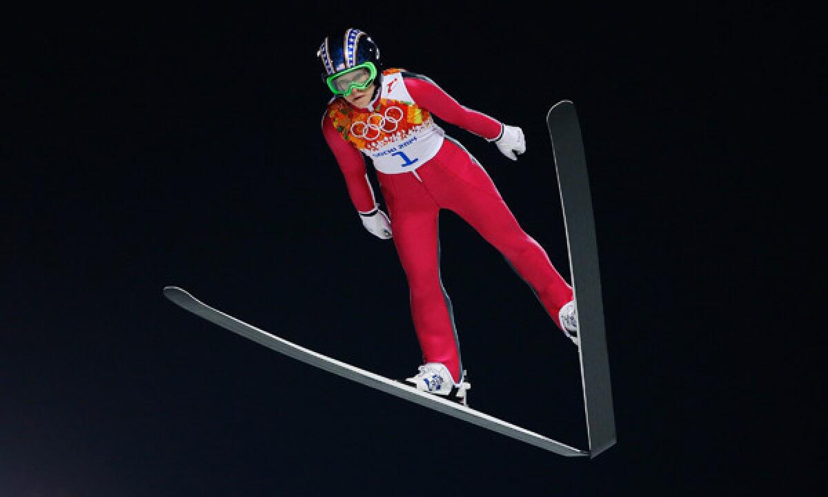 American Sarah Hendrickson, wearing bib No. 1, competes in ski jumping Tuesday at the Sochi Winter Olympic Games.