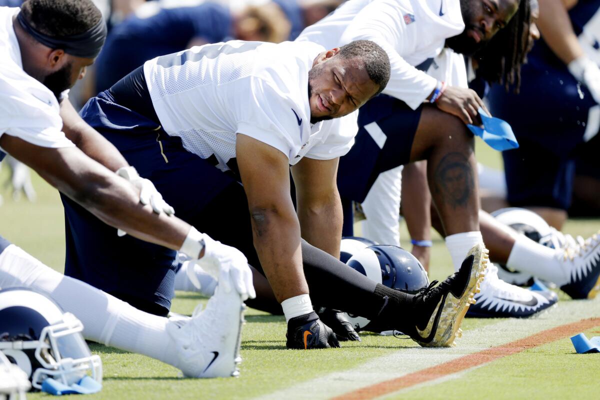 Defensive tackle Ndamukong Suh (93) at the Los Angeles Rams training camp on the Campus of the University of California Irvine in Irvine, Calif., on July 26, 2018.