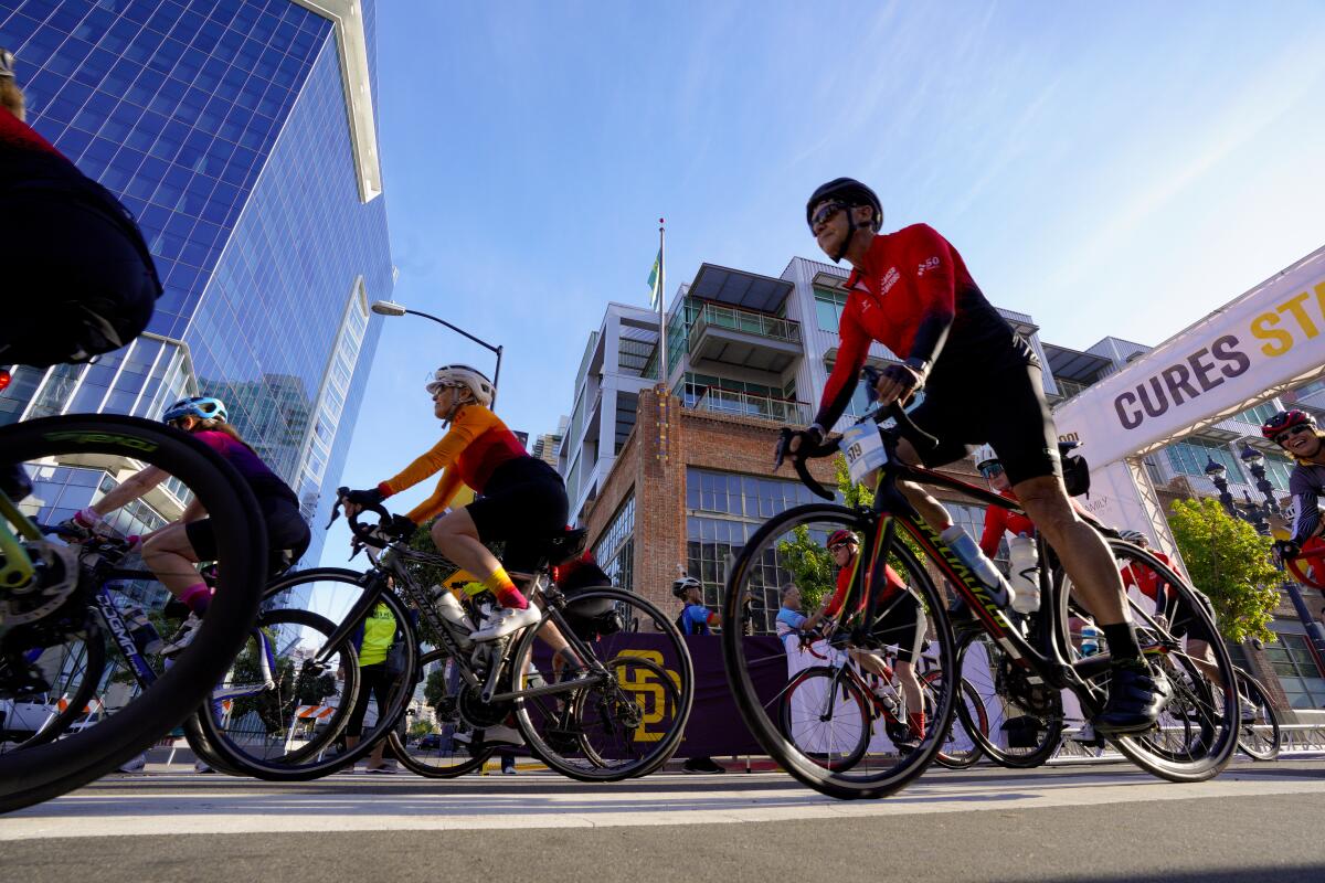 Cyclist riding for Padres Pedal the Cause  just outside Petco Park.