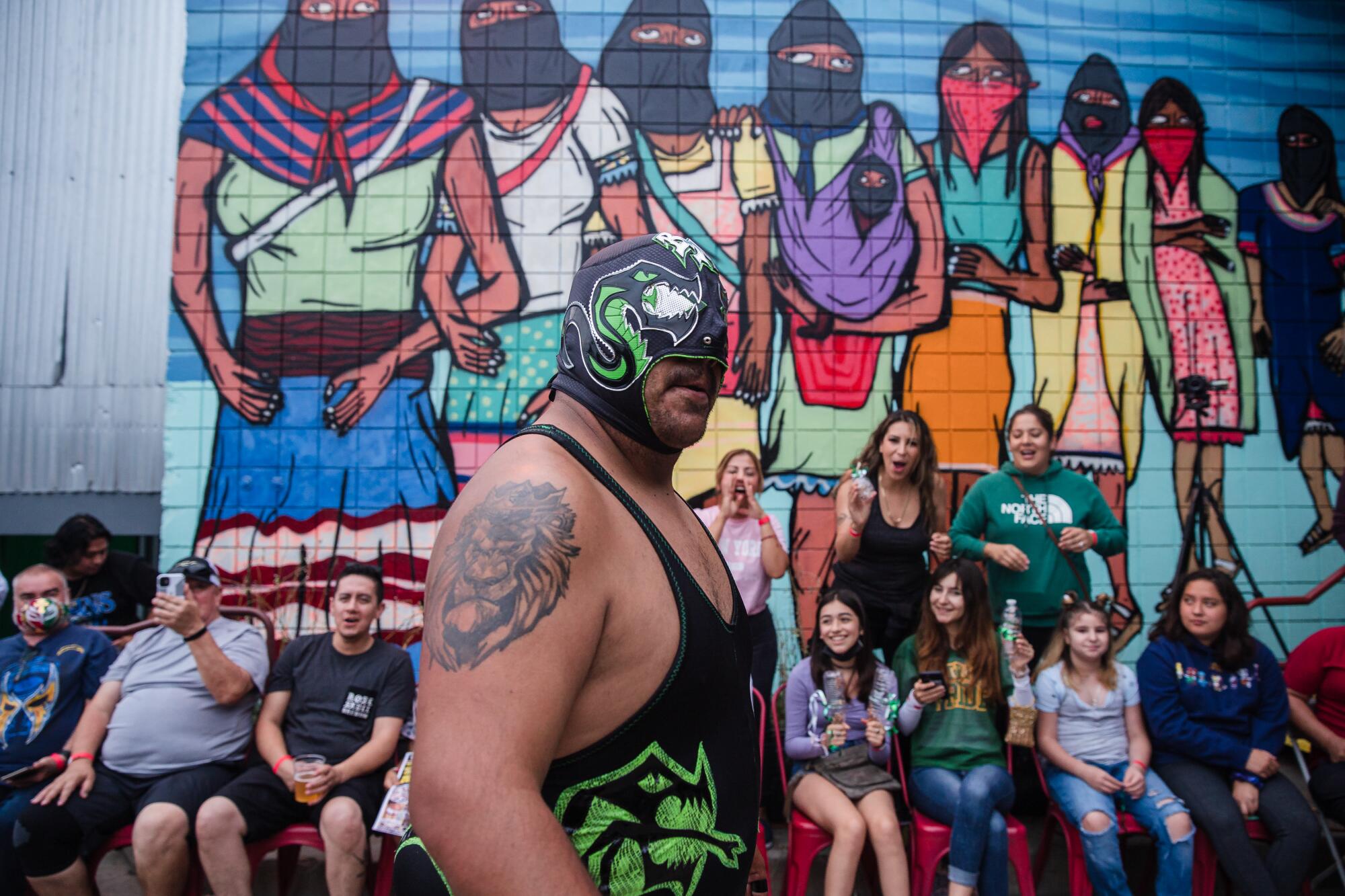 Black Mamba during the Baja Stars USA Lucha Libre event at the Mujeres Brew House in Logan Heights.