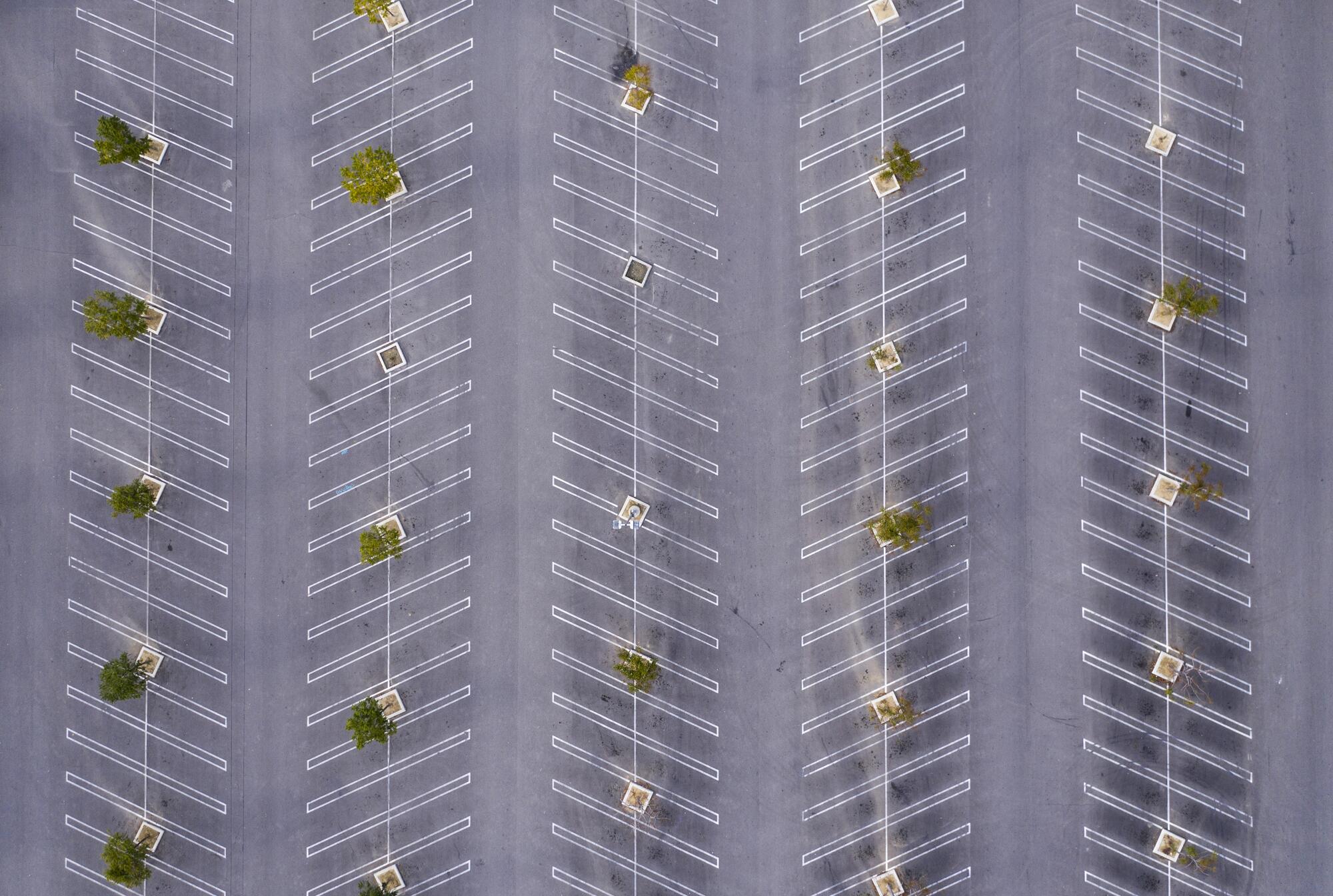 An aerial view of an empty Westfield Topanga mall parking lot.