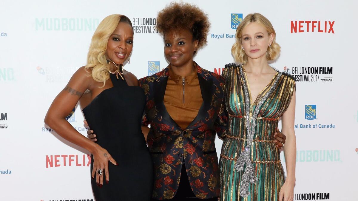 Singer Mary J. Blige, left, director Dee Rees and actress Carey Mulligan attend the Royal Bank of Canada Gala & European Premiere of "Mudbound" during the 61st BFI London Film Festival on Oct. 5, 2017.