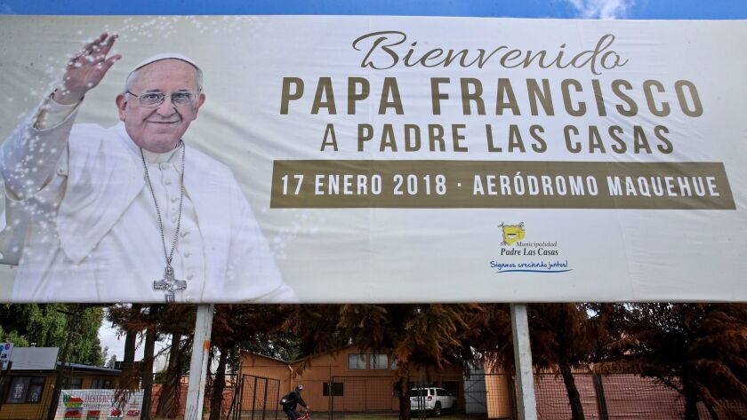 A billboard welcomes Pope Francis to Temuco, Chile, on Jan. 9, 2018.